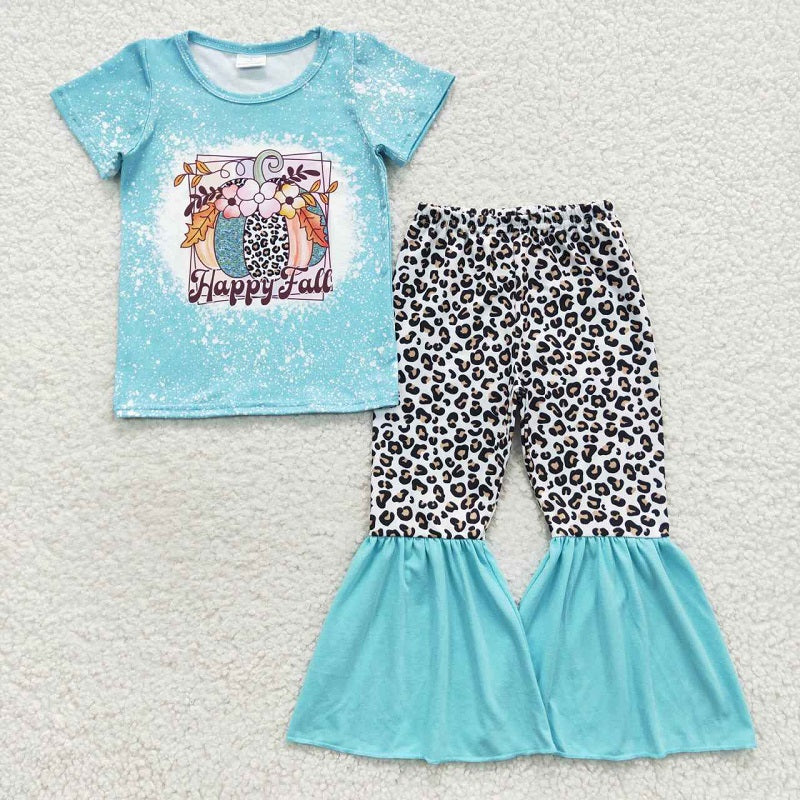GSPO0708 happy fall pumpkin leopard turquoise short-sleeved trouser suit