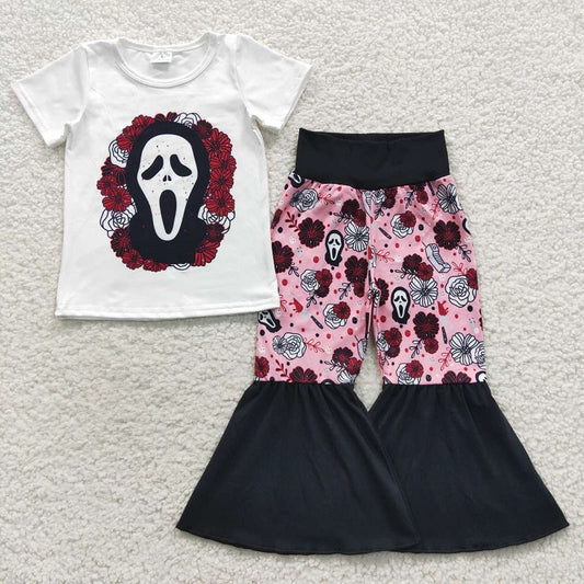 GSPO0710 Halloween Mask White Short Sleeve Flower Pink Black Pants Set