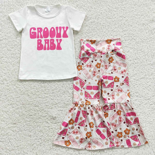 GSPO0718 Groovy baby letter white short-sleeved bus smile trousers suit
