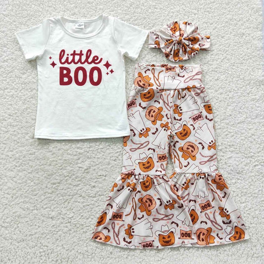 White Short Sleeve Top Pumpkin Denim Ghost Pants Set +headband GSPO0723