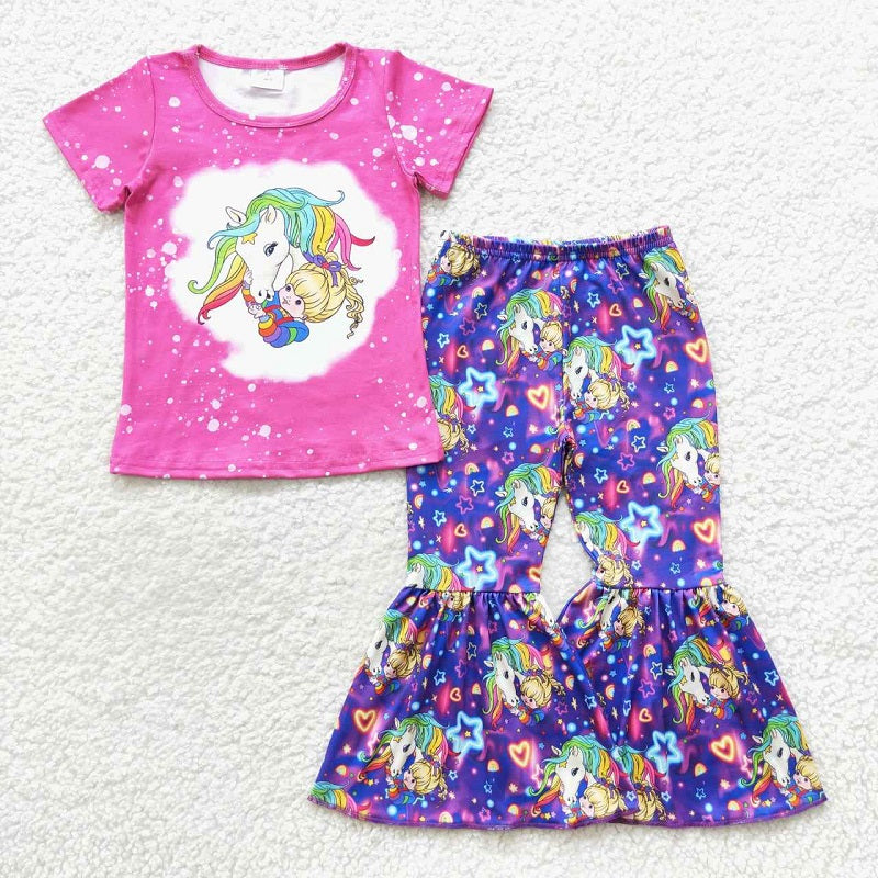 GSPO0730 Cartoon Girl Purple Short Sleeve Stars Pants Set