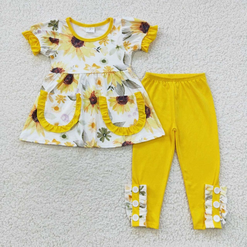 GSPO0755 Sunflower Yellow Lace Pocket Stovepipe Pants Short Sleeve Trousers Set