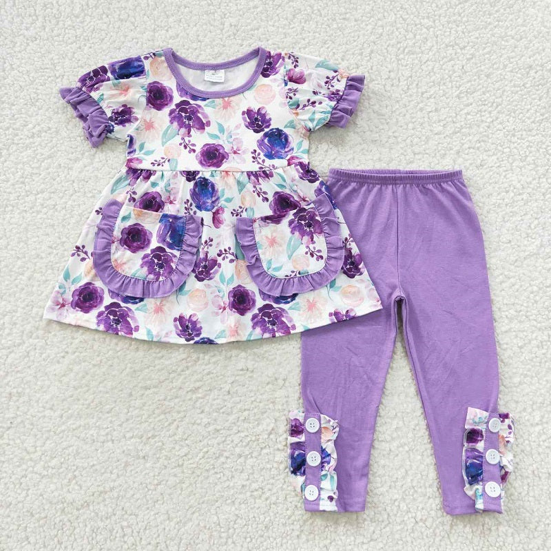 GSPO0756 Flower purple lace pocket stovepipe pants short-sleeved trousers suit