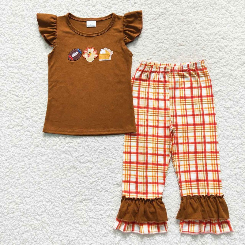 GSPO0759 Rugby Embroidered Turkey Plaid Lace Red Short Sleeve Trouser Set