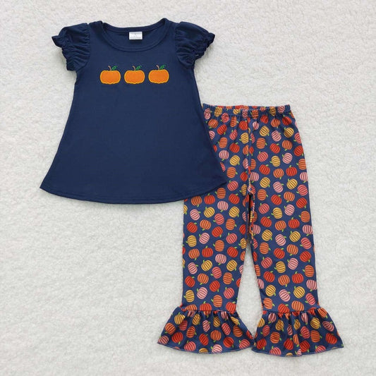 GSPO0762 Embroidered Three Pumpkins Navy Blue Short Sleeve Lace Trouser Set