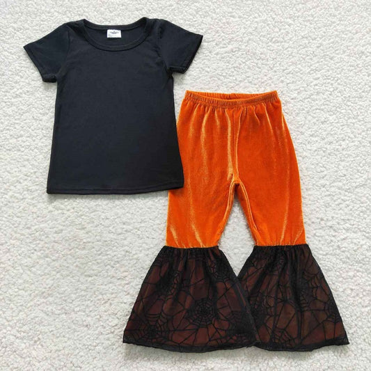 GSPO0772 Black Short Sleeve Orange Spiderweb Velvet Flare Trouser Set