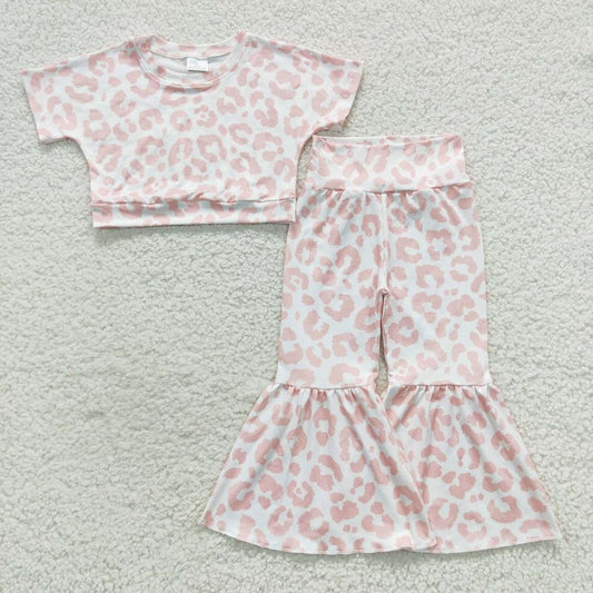 GSPO0780 Girls Pink Leopard Three Quarter Sleeve Trouser Set