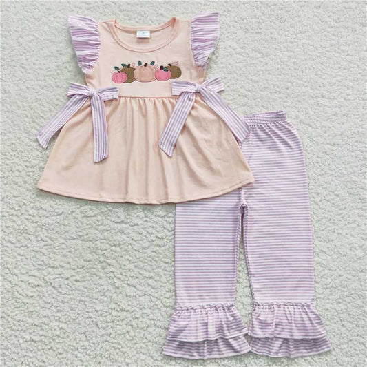 GSPO0783 Girls Embroidered Pumpkin Pink Flying Sleeve Purple Striped Pants Suit