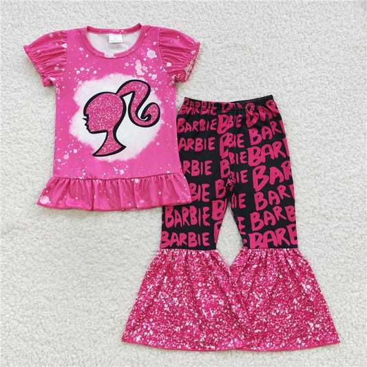 GSPO0786 Girls  Rose Red Short Sleeve Sequined Pants Suit