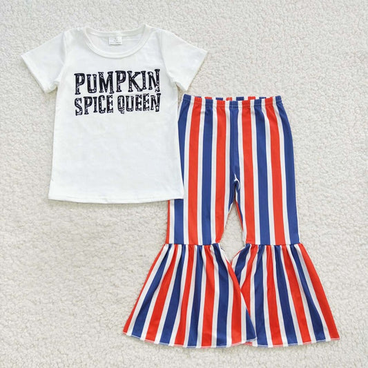 GSPO0794 pumpkin spice queen white short sleeve orange blue striped trouser suit