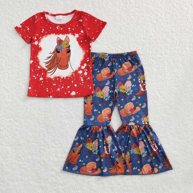 GSPO0869 Flower Horse Boots Hat Red Short Sleeve Navy Blue Pants Suit