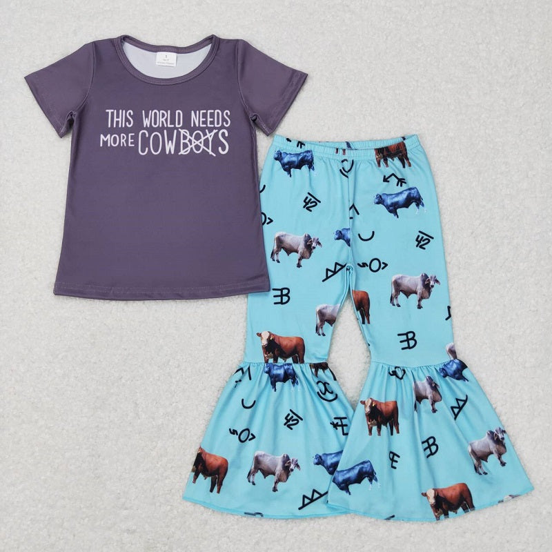 GSPO0939 cowboys letter gray short sleeve cow blue trousers suit