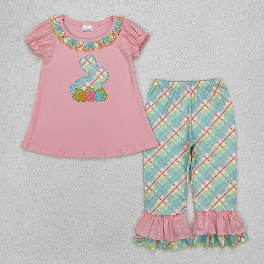 GSPO0974  Baby Girls Easter Pink Rabbit Flowers Tunic Ruffle Pants Clothing Sets  D 3.13