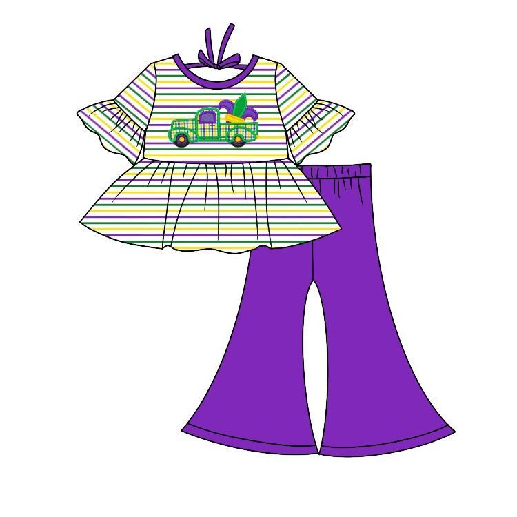 GSPO1021 Carnival Truck Purple Green Yellow Striped Lace Short Sleeve Purple Pants Suit