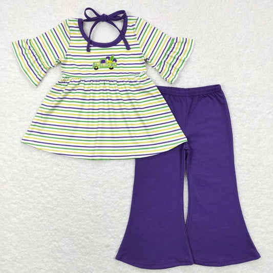 GSPO1021 Carnival Truck Purple Green Yellow Striped Lace Short Sleeve Purple Pants Suit