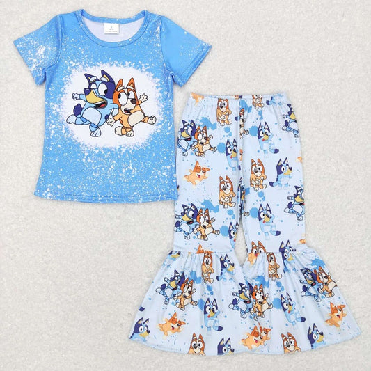 GSPO1059 Girl cartoon blue short sleeve pants suit