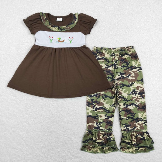 GSPO1088 Embroidered duck camouflage lace army green short-sleeved trousers suit