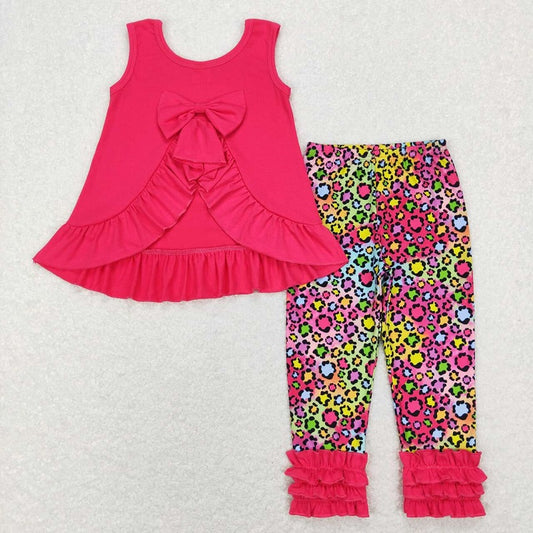 GSPO1097 Bow lace rose red sleeveless colorful leopard print trousers suit