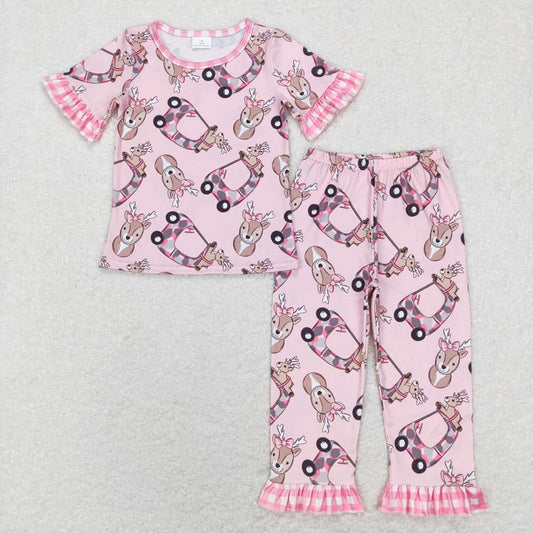 GSPO1100 Deer camouflage car pink and white plaid lace pink short-sleeved trousers suit