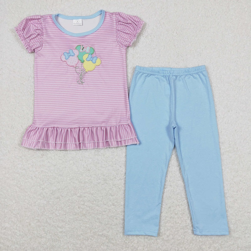 GSPO1104 Embroidered bow balloon pink striped short-sleeved blue trousers suit