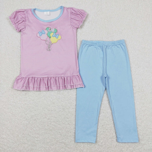 GSPO1104 Embroidered bow balloon pink striped short-sleeved blue trousers suit