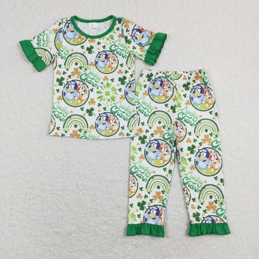 GSPO1112 Cartoon four-leaf clover lace white and green short-sleeved trousers suit