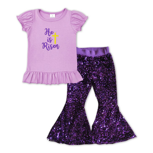 GSPO1139 Embroidered cross purple lantern sleeve short-sleeved purple sequined trousers suit