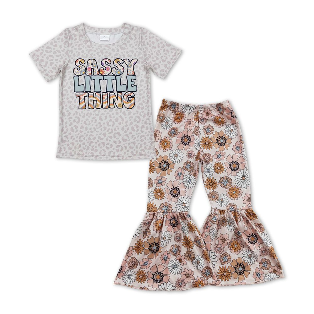 GSPO1147  Letter Leopard Print Short Sleeve Floral Milk Silk Trousers Set