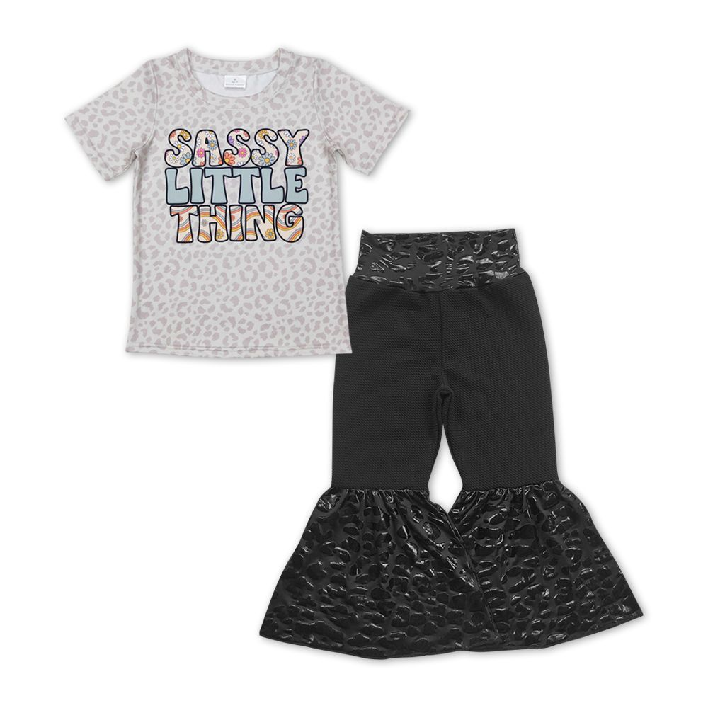 GSPO1149 Letter Flower Leopard Print Short Sleeve Orange Satin Gold Stamping Trousers Set