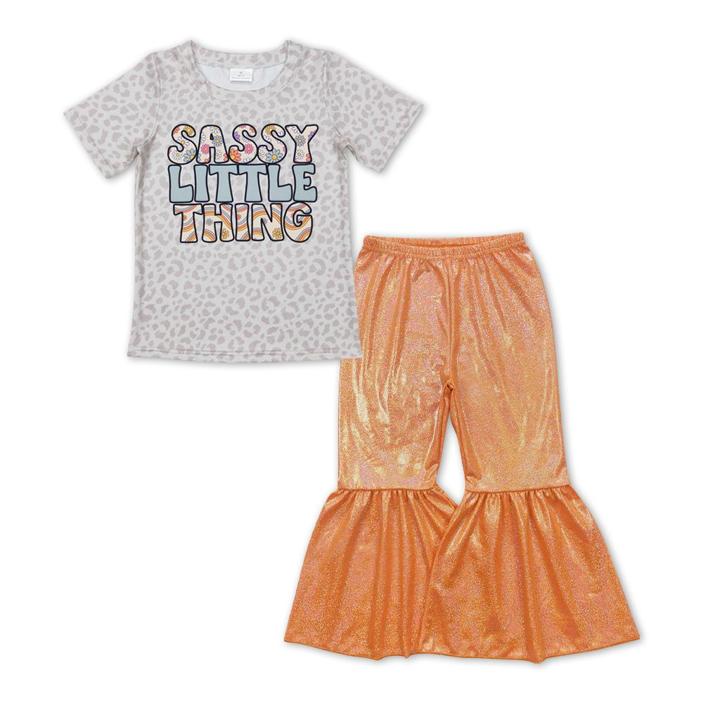 GSPO1149 Letter Flower Leopard Print Short Sleeve Orange Satin Gold Stamping Trousers Set