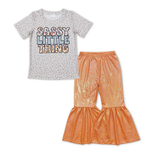 GSPO1149 Letter Flower Leopard Print Short Sleeve Orange Satin Gold Stamping Trousers Set