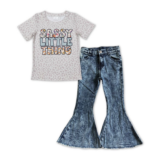 GSPO1150 Letter Flower Leopard Print Short Sleeve Light Blue Denim Flared Trousers Set