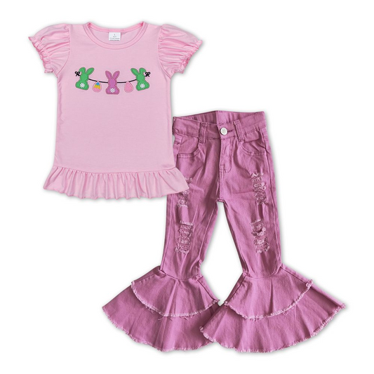 GSPO1158 Embroidery Easter Egg Rabbit Lantern Sleeve Short Sleeve Pink Purple Double Lace Jeans Suit