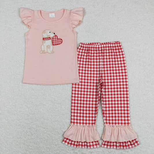 GSPO1161 Embroidered love puppy pink flying sleeve lace red and white plaid trousers suit