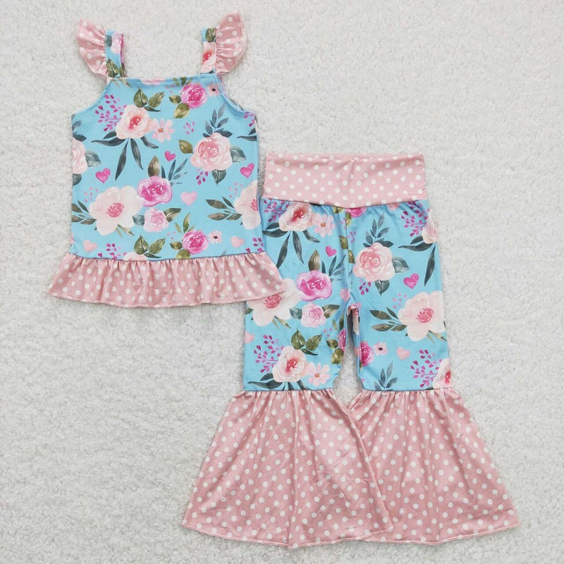 GSPO1163 Love flower polka dot pink lace blue top and pants suit