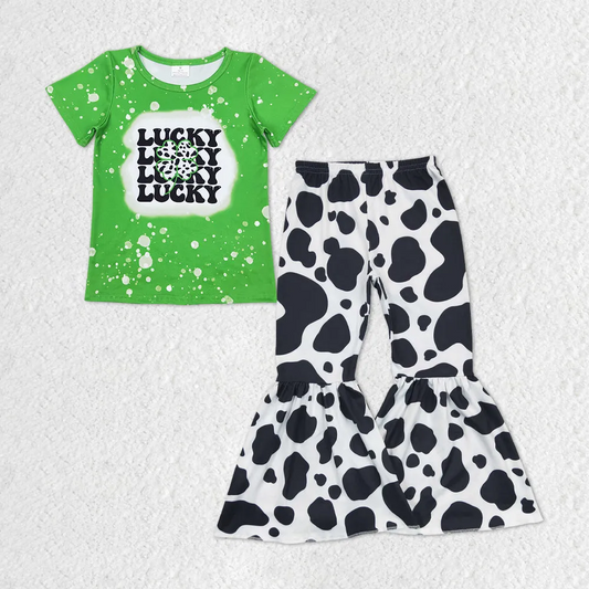 GSPO1172 Green short-sleeved cow print trousers suit with letters