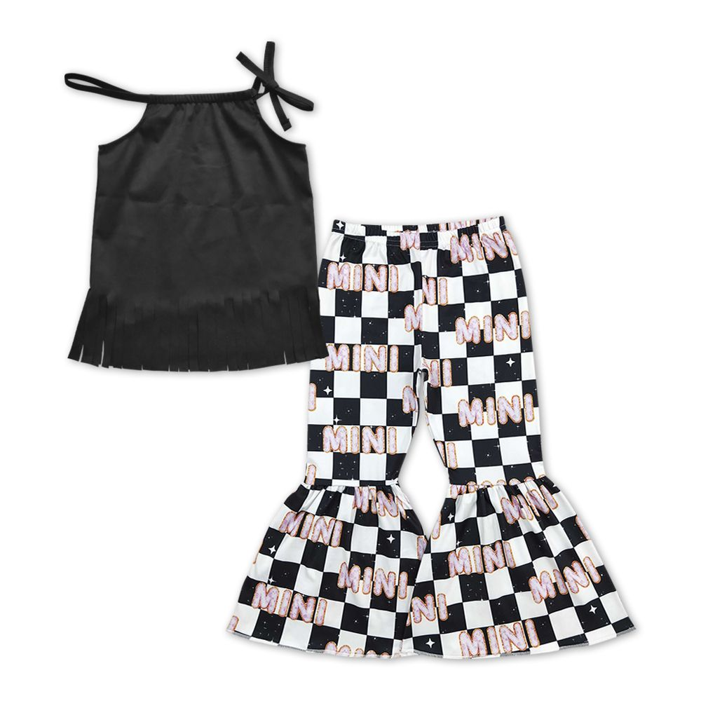 GSPO1185 Girls Black Tassel Halter Top Mini Letter Black and White Plaid Trousers Set