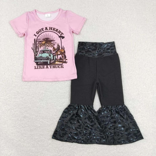 GSPO1192 Horse Truck Pink Short Sleeve Leopard Print Flared Pants Black Trousers Set