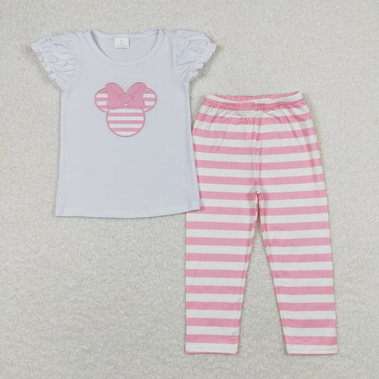 GSPO1198 Embroidered bow white short sleeve pink and white striped trousers suit