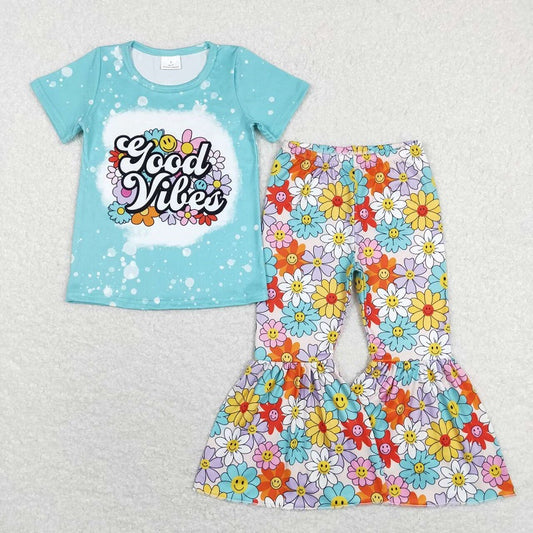 GSPO1239 good vibes letter flower blue short-sleeved trousers suit