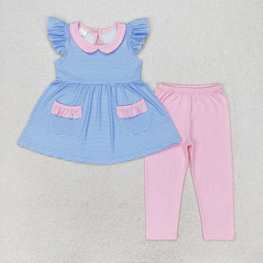 GSPO1241 Blue striped pink lace baby collar flying sleeves trousers suit