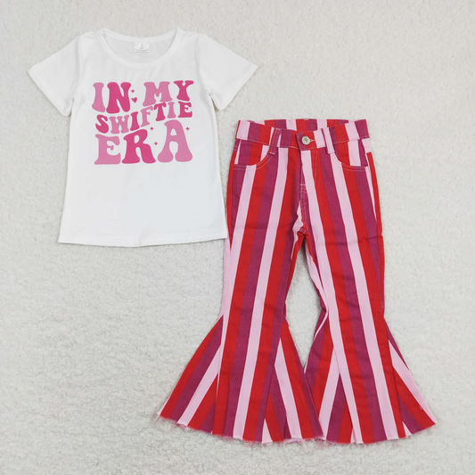 GSPO1249 White, light pink, dark pink and bright red striped denim trousers set