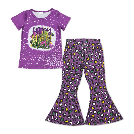 GSPO1250 Purple short-sleeved yellow green leopard print purple denim pants suit