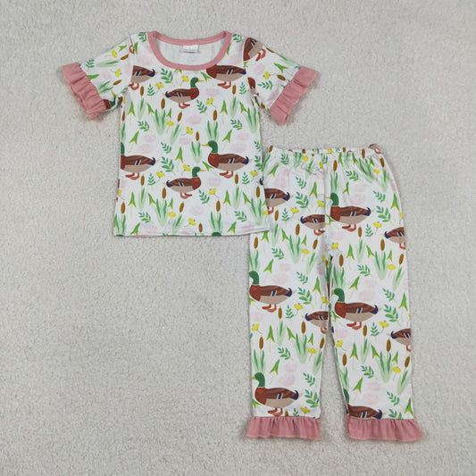 Baby Girls Duck Floral Top And Ruffle Pants Pajamas Set Cute Hunting Theme Sleepwear for Little Ones
