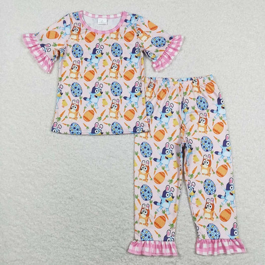 GSPO1253 Cartoon Dog Carrot Easter Egg Pink Plaid Lace Short Sleeve Pants Suit