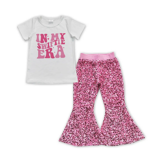 GSPO1259 White short-sleeved rose-red sequined flared pants suit with lettering