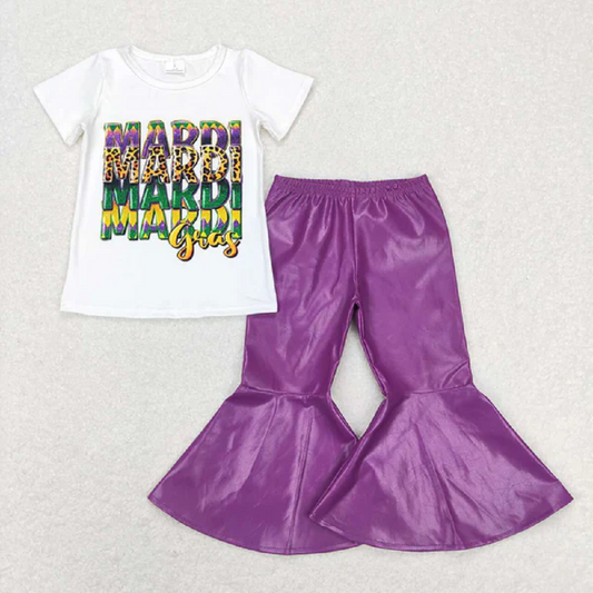 GSPO1281 Lettering white short-sleeved purple flared leather pants suit