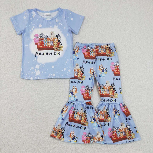 GSPO1286 Cartoon dog friends letter blue short sleeve trousers suit