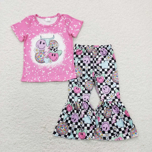 GSPO1282 disco light ball face lightning love flower pink short sleeve black and white plaid trousers suit