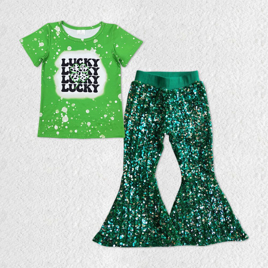 GSPO1297 Baby Girls Green short-sleeved green sequined trousers suit